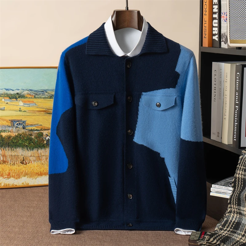

Men's Polo Collar 100% Pure Cashmere Sweater Button Color Block Cardigan Loose Knitwear Base Layer Buttoned Sweater Outerwear