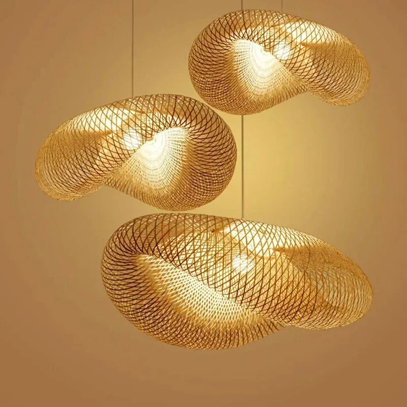 Handmade Bamboo Chandeliers Weaving Pendant Hanging Lamp LED Ceiling Light Fixtures Rattan Woven Home Bedroom Decors