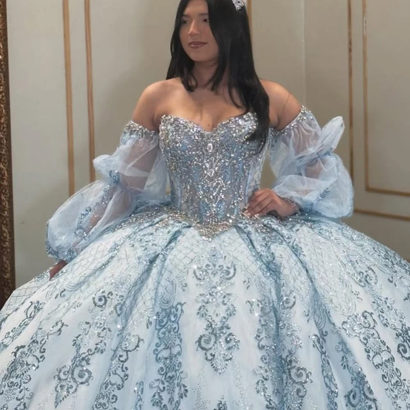

Customized Shiny light blue Quinceanera Dresses Off the Shoulder sequin crystal applique Long tail Bow Vestido 15 Quinceanera