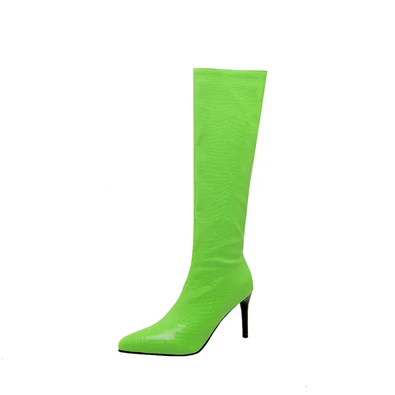 PU Patent Leather Pointed Toe Green Runway Fashion Woman Shoes Winter Kneehigh Boots Thin High Heels Stilettos Big Size 48 47