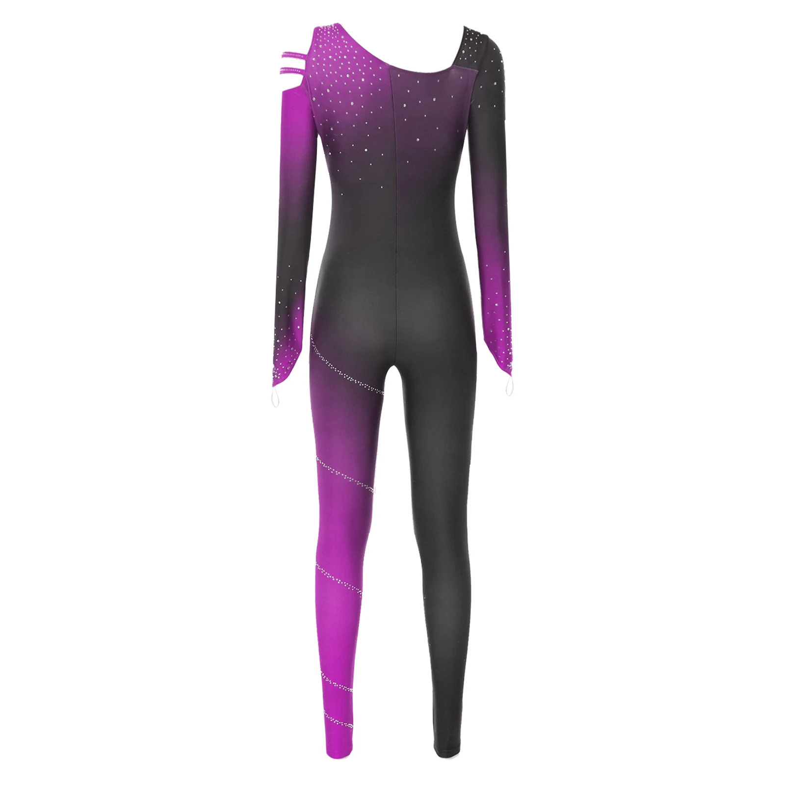 Womens Ballet Jumpsuit Gradient Color Block Rhinestone Bodysuit Leotards Gymnastics Figure Skating Dance Performance Costume