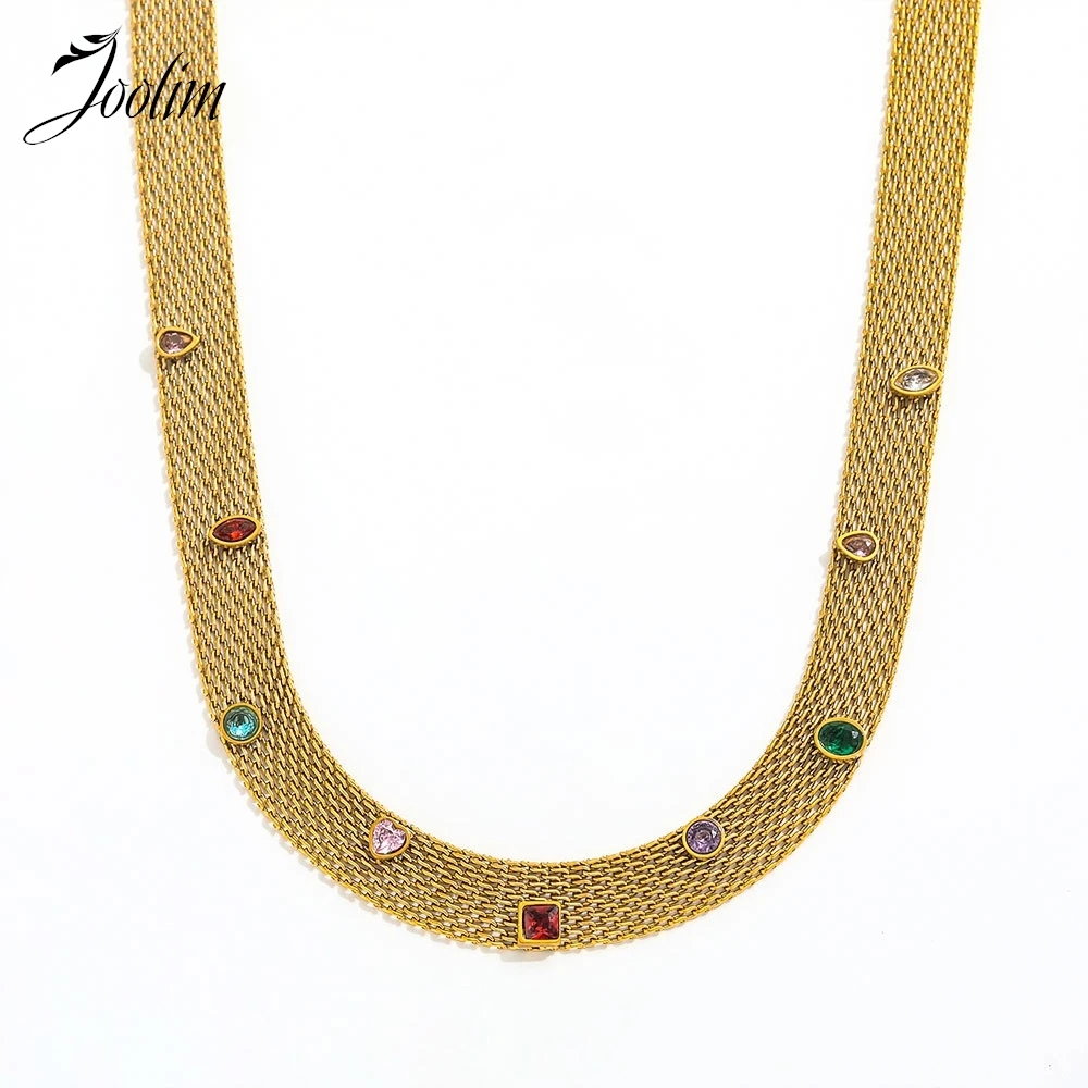 

Joolim Jewelry Wholesale No Fade Fashion Dainty Mesh Chain Webbed Geometric Colorful Zirconia Stainless Steel Necklace for Women