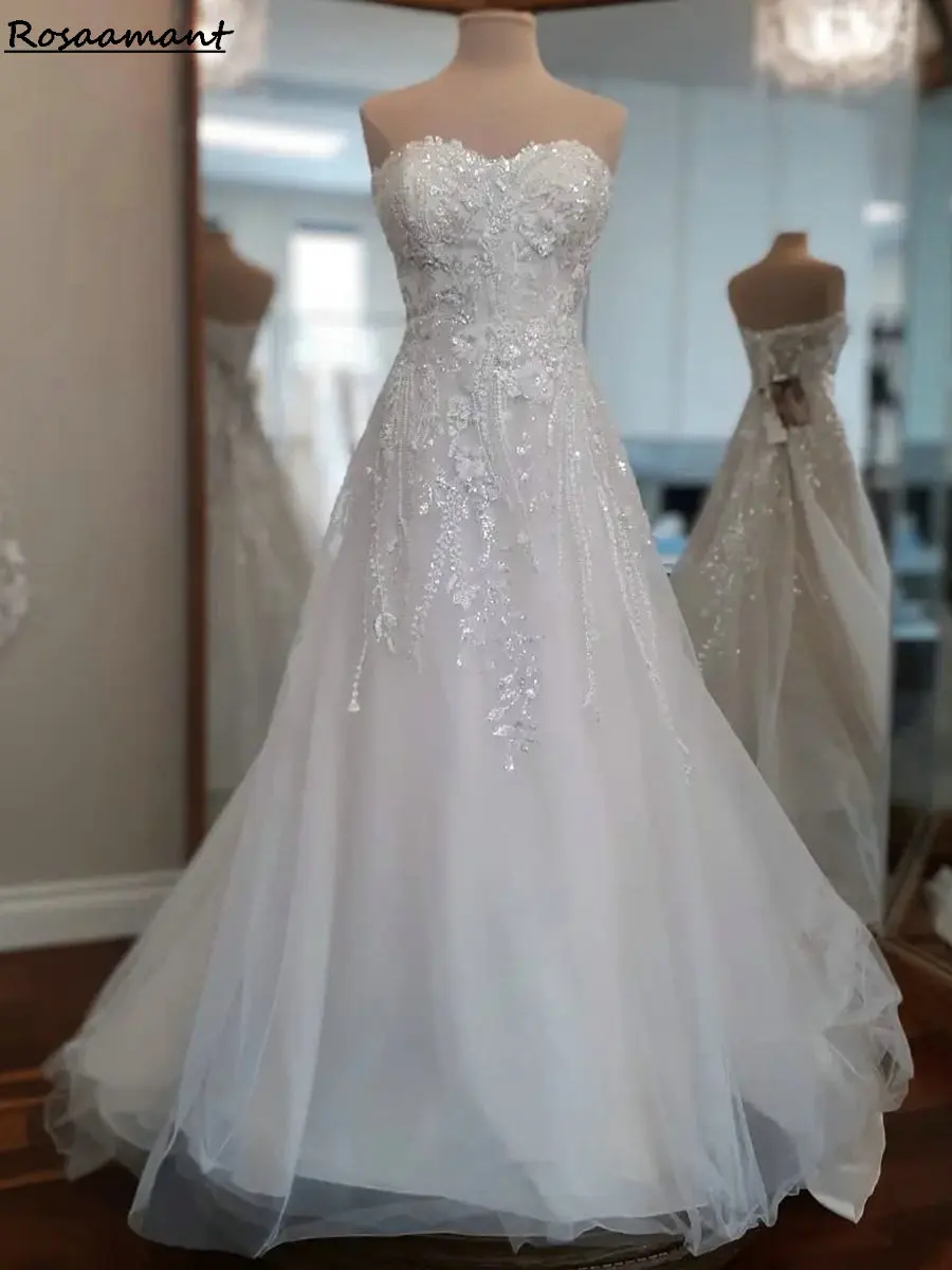 

Glitter Sequined Appliques Lace A-Line Wedding Dresses Sweetheart Sleeveless Country Bridal Gowns