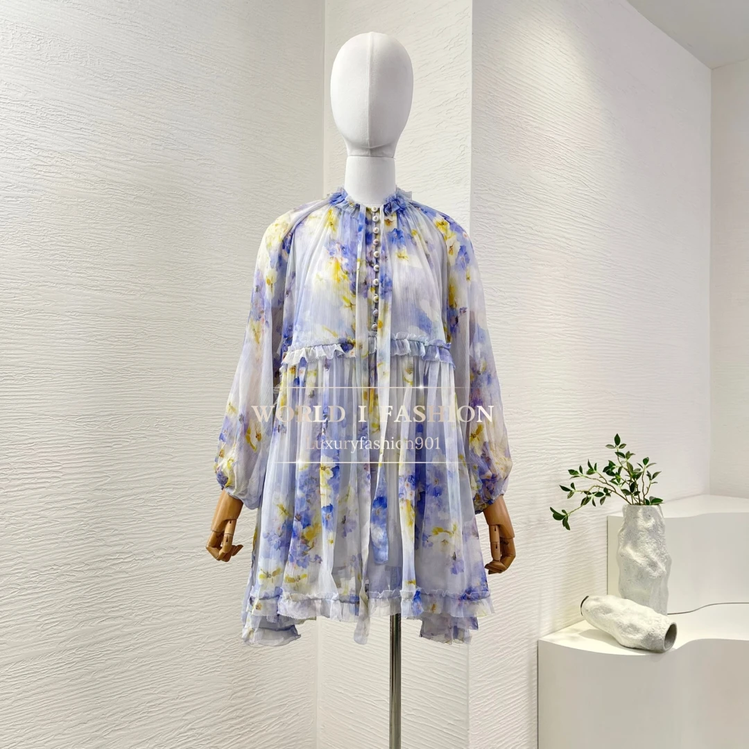 

2025 Women Loose Blue Floral Print Long Sleeve Ruffles Pleat Mini Dress