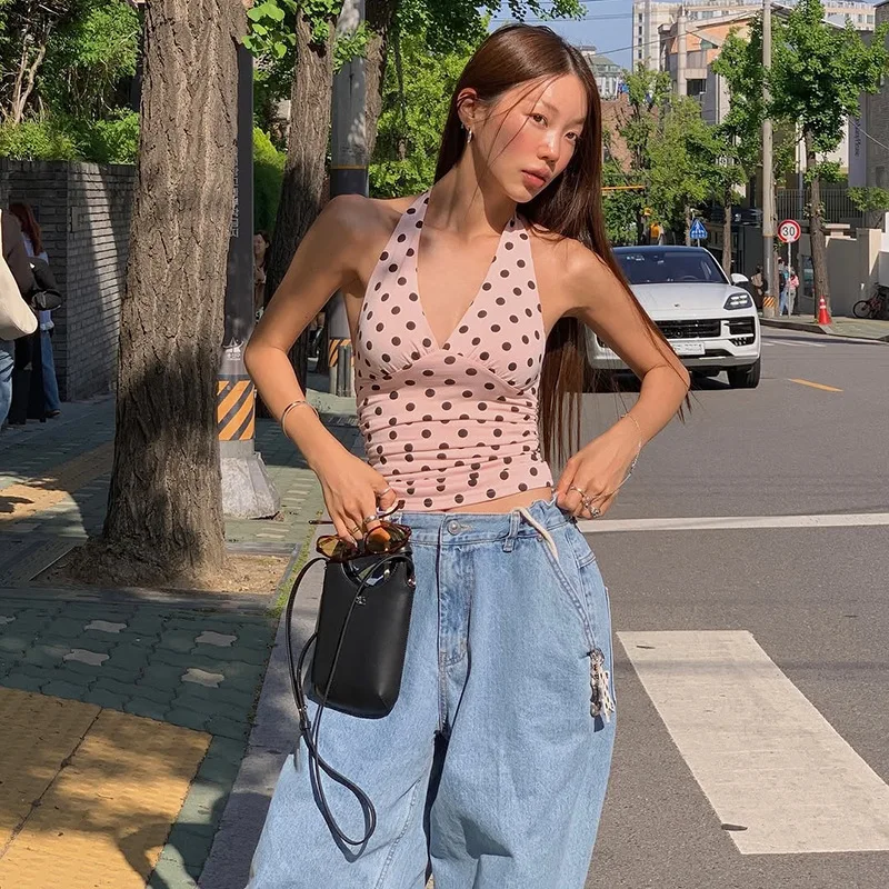 Damen-Top mit V-Ausschnitt, offenem Rücken, Schnürung, Polka-Dot-Muster, figurbetont, Tank-Top-Stil, Y2K-Sommermode, Alltags-Streetwear, Basic-Oberteil. – Detail 5