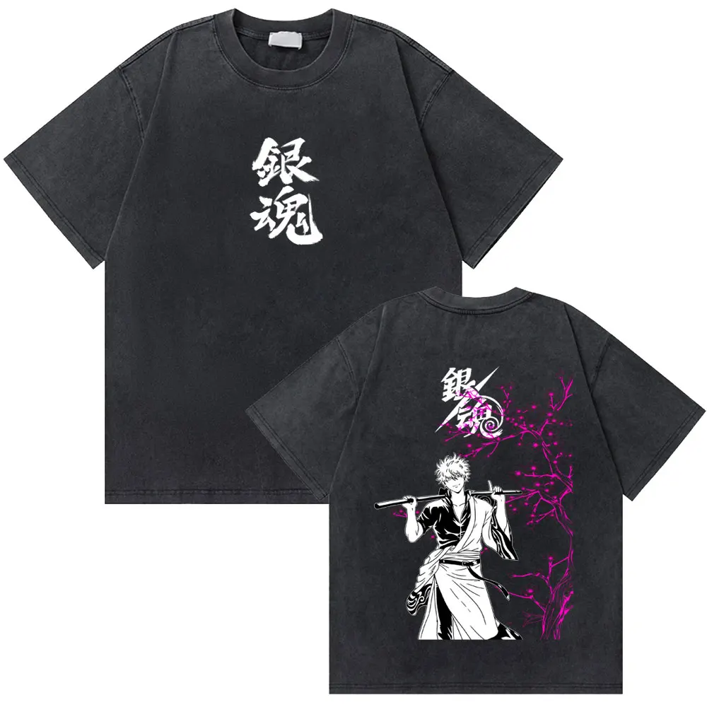 Washed Vintage Anime Gintama Sakata Gintoki Graphic T Shirt Men Women Funny Casual Oversized T-shirt Male Cartoon Manga T-shirts