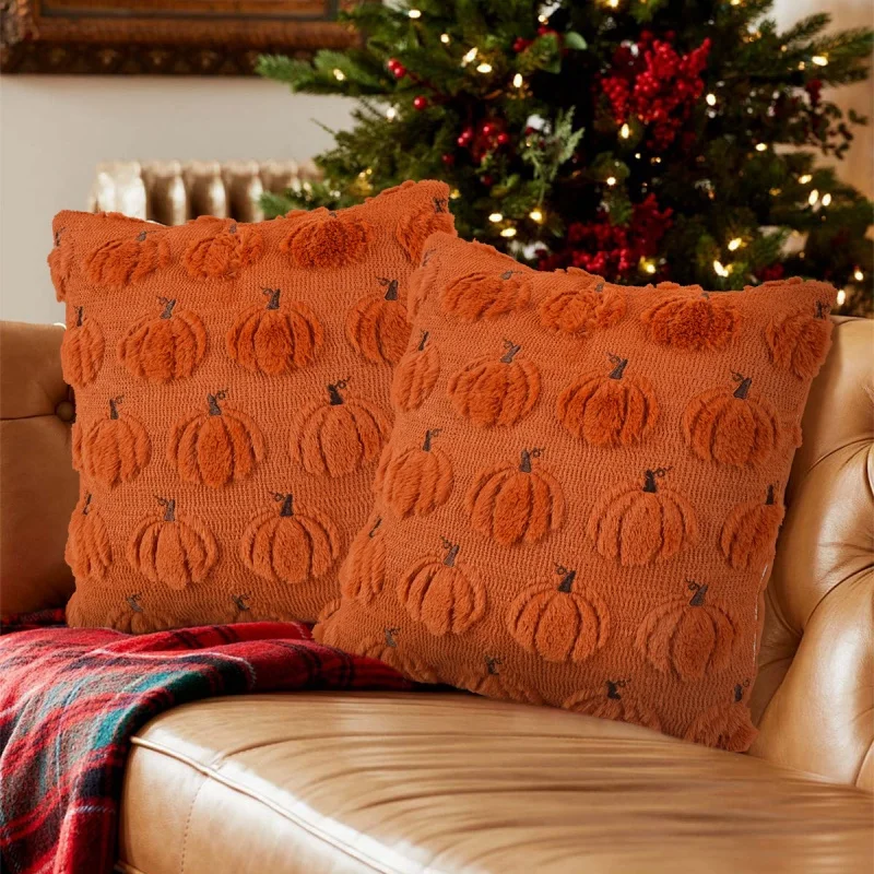 Halloween Throw Pillow Covers Plush Pumpkin Ghost Embroidery Cushion Cover Soft Fluffy Square Pillowcase Home Sofa Decorations