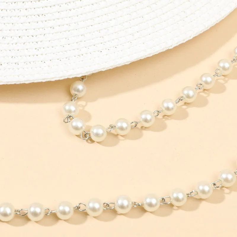Ins Fashion Paper Straw Sun Hat with Pearl Chain Decor Wide Brim UV Protection Beach Hat Ideal Gift for Mom Outdoor Travel