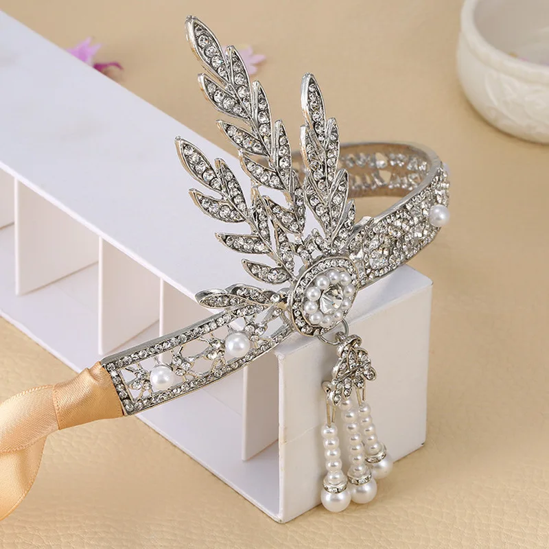 Gatsby Ball Party Hair Accessory Bridal Crown Makeup Headpiece Pearl Tassel Alloy Rhinestone Headband