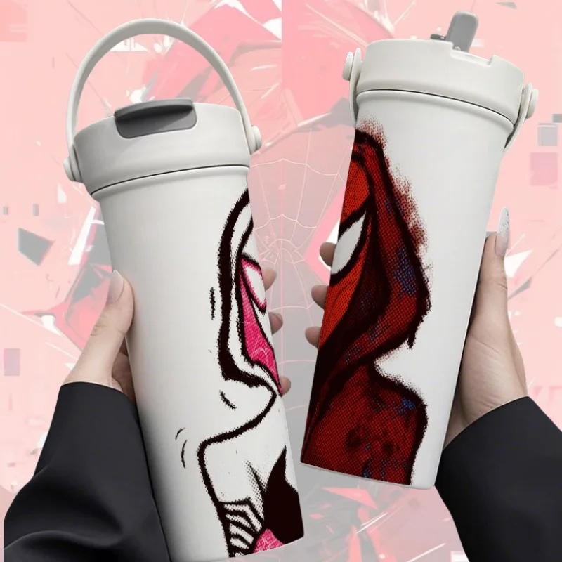 كوب ترمس محمول وسيم كرتوني من مارفل سبايدرمان، كوب ترمس من الفولاذ المقاوم للصدأ إبداعي بسعة كبيرة، هدية كوب من القش للزوجين