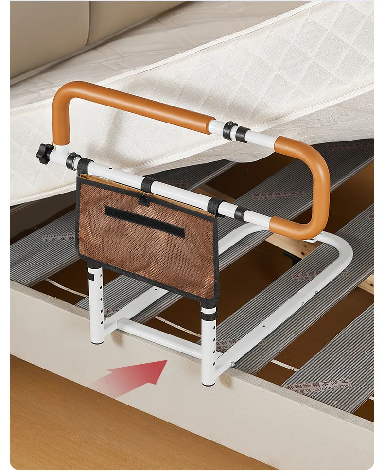 ที่จับช่วยพยุงข้างเตียงแบบปรับได้ - ที่วางแขนกันลื่นแบบกว้างพร้อมกระเป๋าเก็บของ ราวจับป้องกันการล้มสำหรับผู้สูงอายุและผู้พิการ
