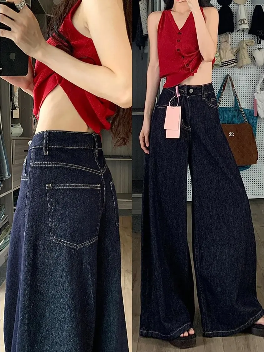 

Retro Deep Blue Women's Jeans High Waist Wide Leg Pants Straight Cut Loose Fit Slimming Winter New Style Casual Trousers