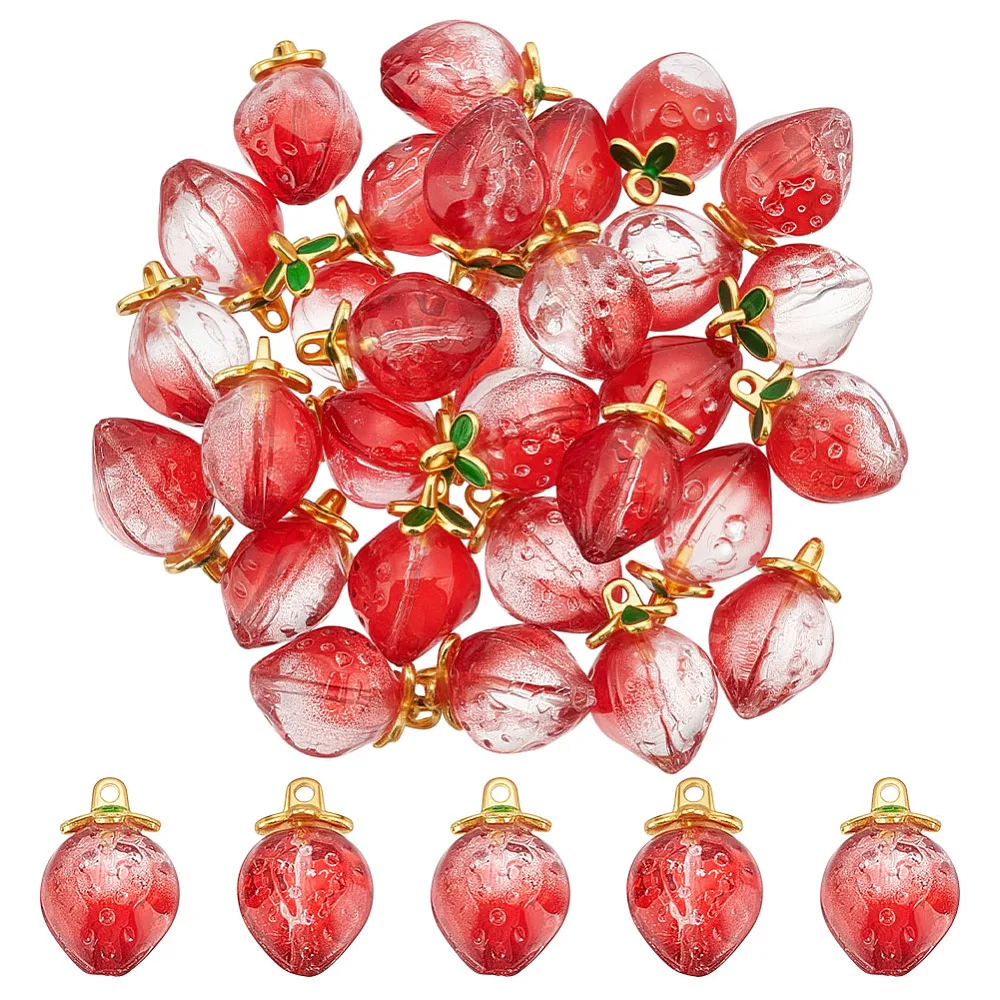 36Pcs Strawberry Pendant Tranparent Glass Strawberry Charms Pendant Fruit Charms Cerise Strawberries Pendants Ornament