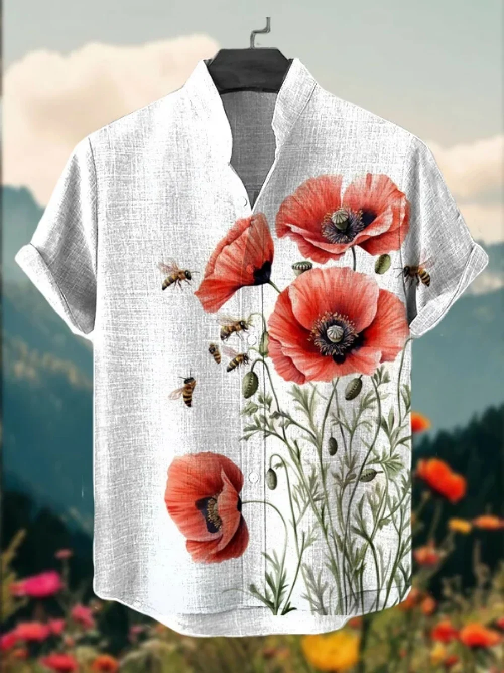 

Men's Summer Short Sleeve Shirt Stand Collar Linen Hawaiian Casual plus Size Clothing Flower 3D Print Fashionable