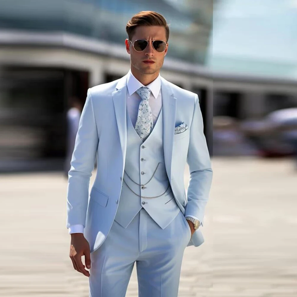 

Sky Blue Suits Mens For Wedding Bespoke Groom Tuxedos 3 Pieces Single Breasted Prom Blazer Man Fashion Clothing Trajes De Hombre