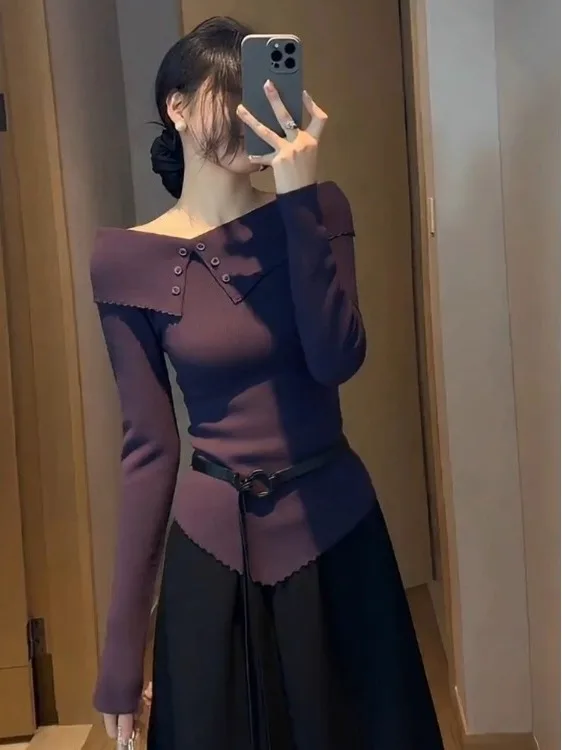 

Фиолетовый вязаный свитер: красивый, модный, базовый слой для осени, новый дизайн, приталенный крой, для повседневной носки, с длинными рукавами