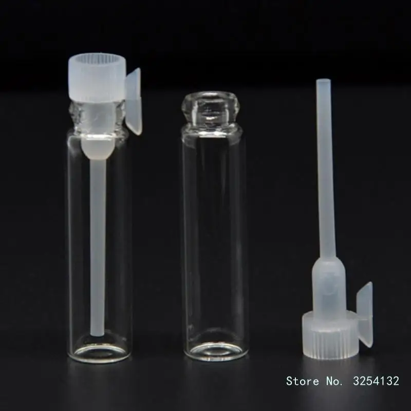 Mini botella de vidrio vacía transparente, tubo de viales de muestra con varilla de plástico para aceite esencial Fragr, 100 piezas, 2ml