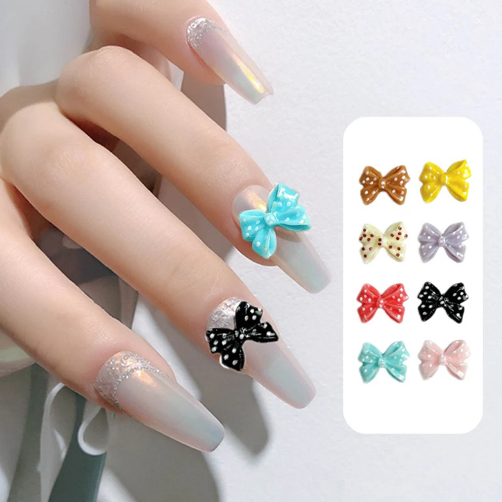 50Pcs Dopamine Colored Resin Bows Nail Art Decorations Painted Polka Dots Tie Sweet Stylish Nail Charm DIY Cute Manicure Crafts