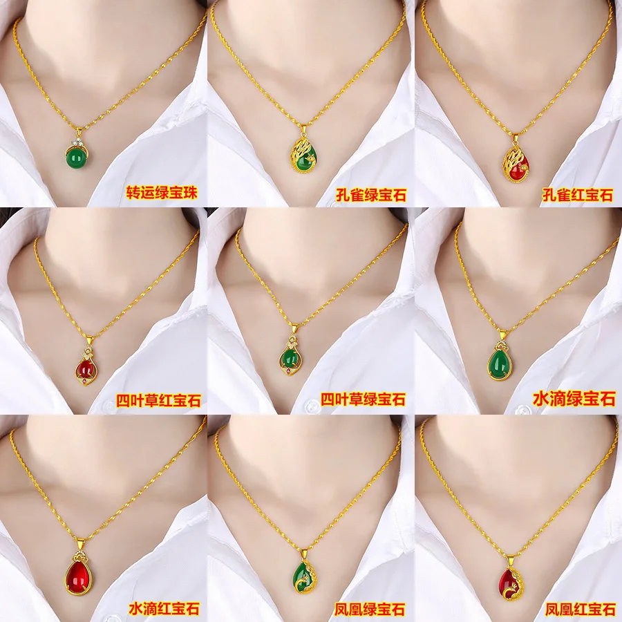 

Women 9999 24K Real Gold Transfer Bead Double Water Wave Necklace Inlaid with Red and Green Gemstone Pendant Necklace for Gift