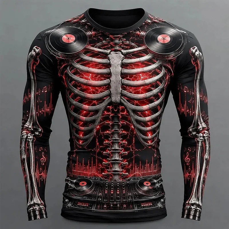 Halloween Men's Skull Skeleton Headset T Shirt Long Sleeve 3D Print Crew Neck Fashion