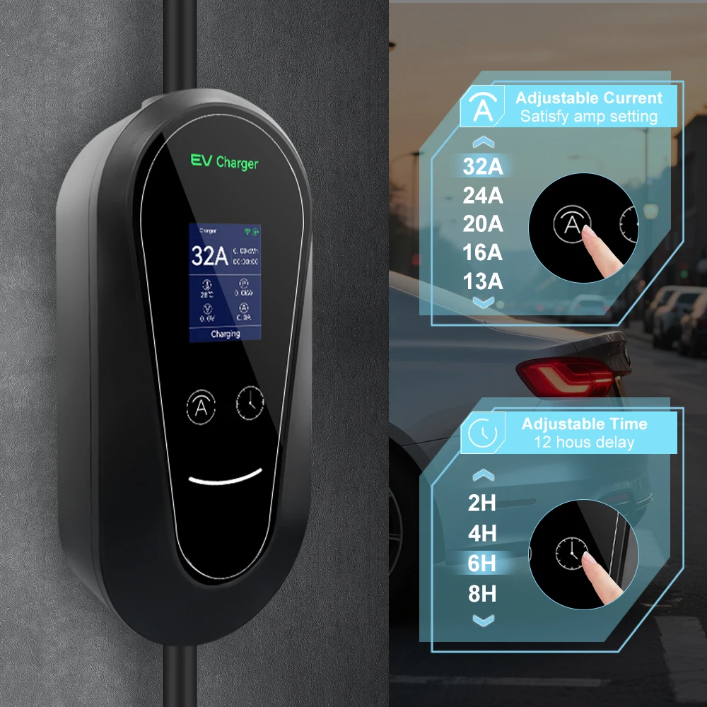 شاحن محمول 7KW 32A EV GB/T Type2 Type1 CEE Plug 3.5KW 16A للسيارات الكهربائية 4 تطبيق أوضاع التيار والتوقيت القابلة للتعديل