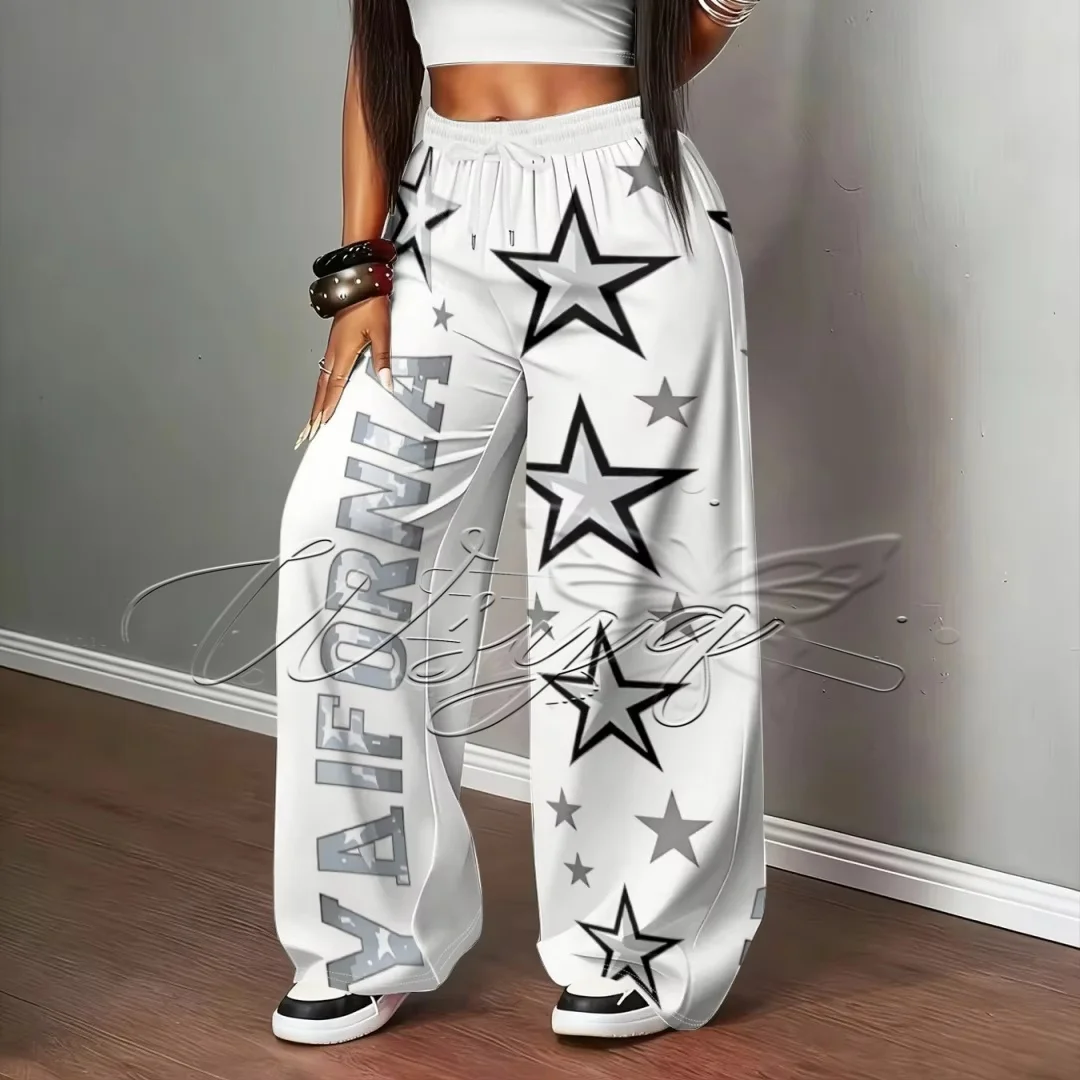 Unisex California Letter Star Print Straight Long Pants Quick Dry Hip Hop Casual Trousers, Elastic Waist Streetwear Sweatpants