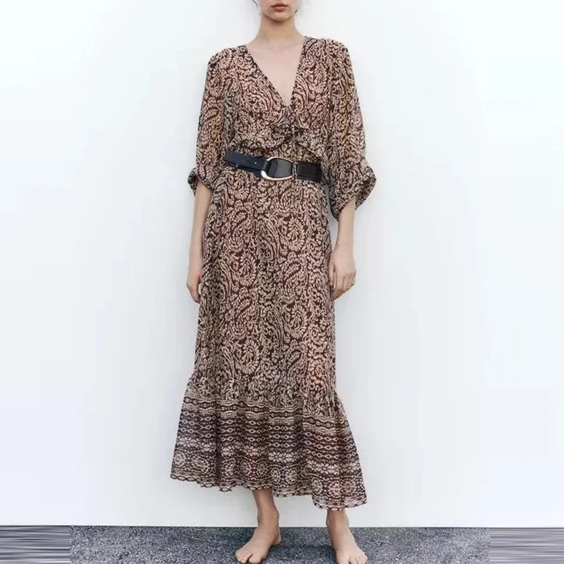 Primavera 2025 feminino rua sle midi dr v-ne em camadas decoração impressão casual faion fibra de poliéster 00% nova chegada