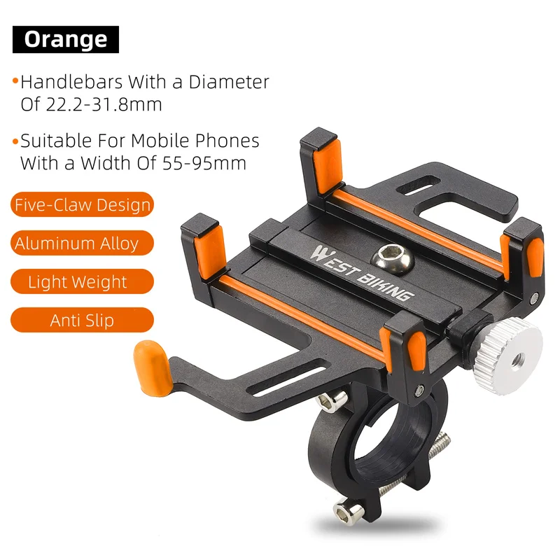 WEST BIKING Fietshouder voor mobiele telefoon 360° ° Draaibare telefoonhouder van aluminiumlegering Vijf klauwen verstelbare MTB racefietsbeugel