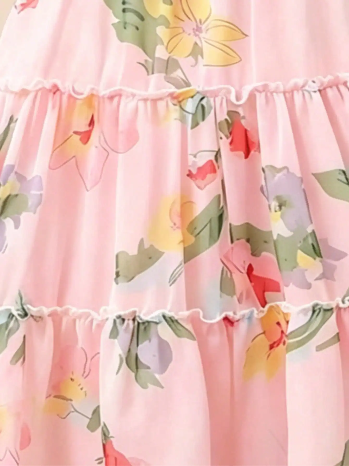 Mädchenkleid mit Rundhalsausschnitt, ärmellos, mit Blumen- und Blattmuster, bequemer A-Linien-Rock, Freizeitkleidung für Kinder. – Detail 8