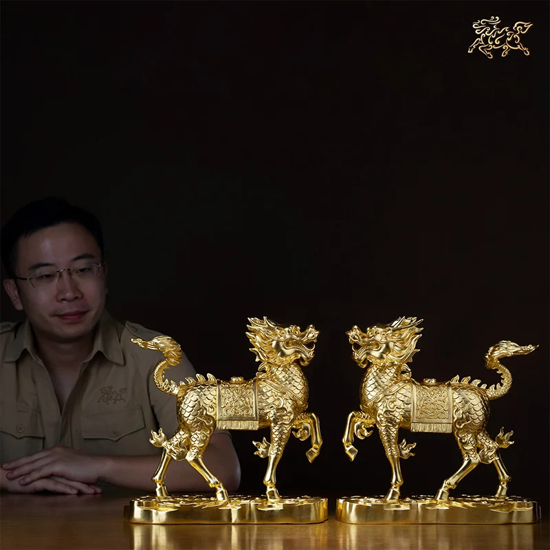 A PAIR high grade HOME GOOD LUCK Mascot Bring wealth money 24K gold-plated ROYAL Dragon QI LIN Auspicious brass Sculpture Statue