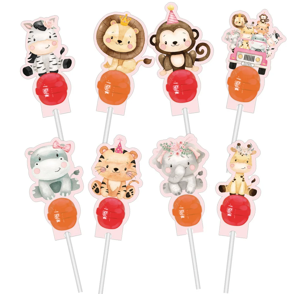 16PCS Karton Wildtier Lutscher Karten Halter Für Mädchen Dschungel Safari Tier Geburtstag Baby Shower Party Süßigkeiten Geschenk Zubehör