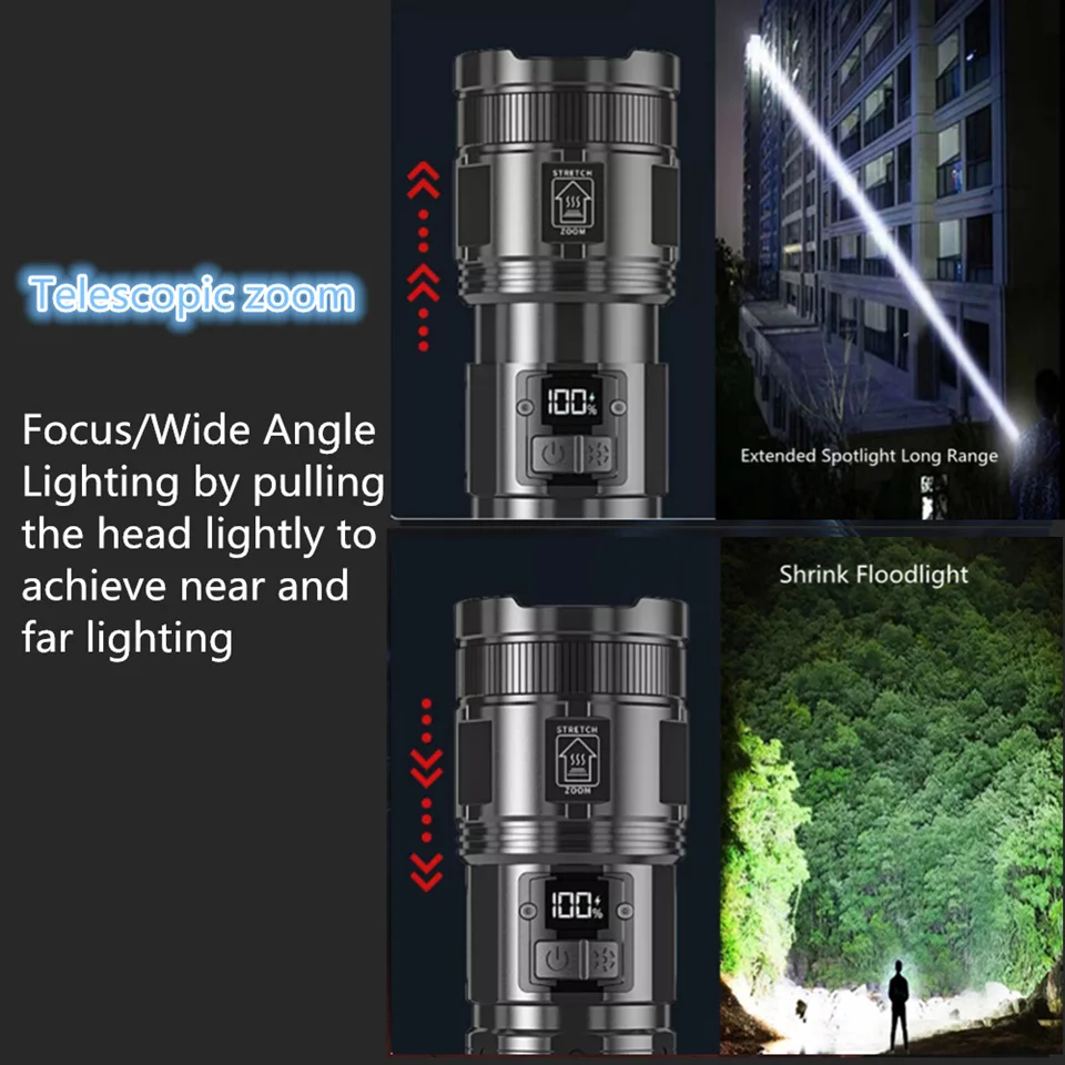 High Power Spotlight Long Range LED Flashlight With Display COB Tail Light lantern Built-in battery Type-C Torch for Fishing