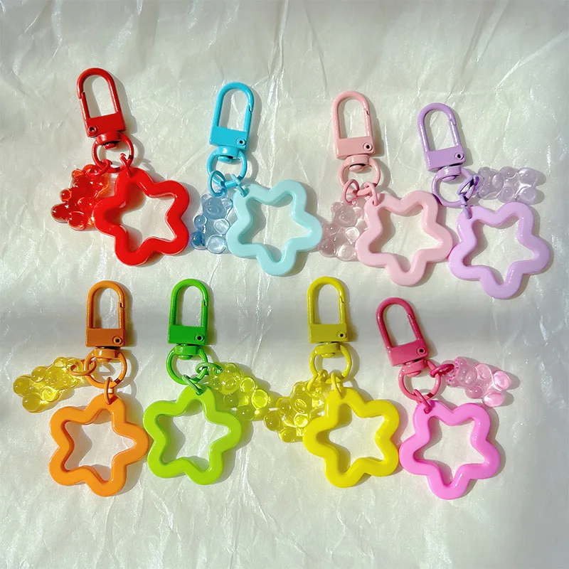 10pcs Metal Keyrings Buckle With Stars Bear Pendant Colored Keychain For Diy Jewelry Making Key Ring Accessories Wholesale