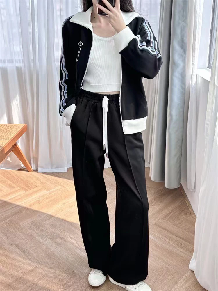 

Модный спортивный вязаный комплект в полоску, Женский Повседневный свитер на молнии с воротником-стойкой или прямые длинные брюки с поясом на резинке