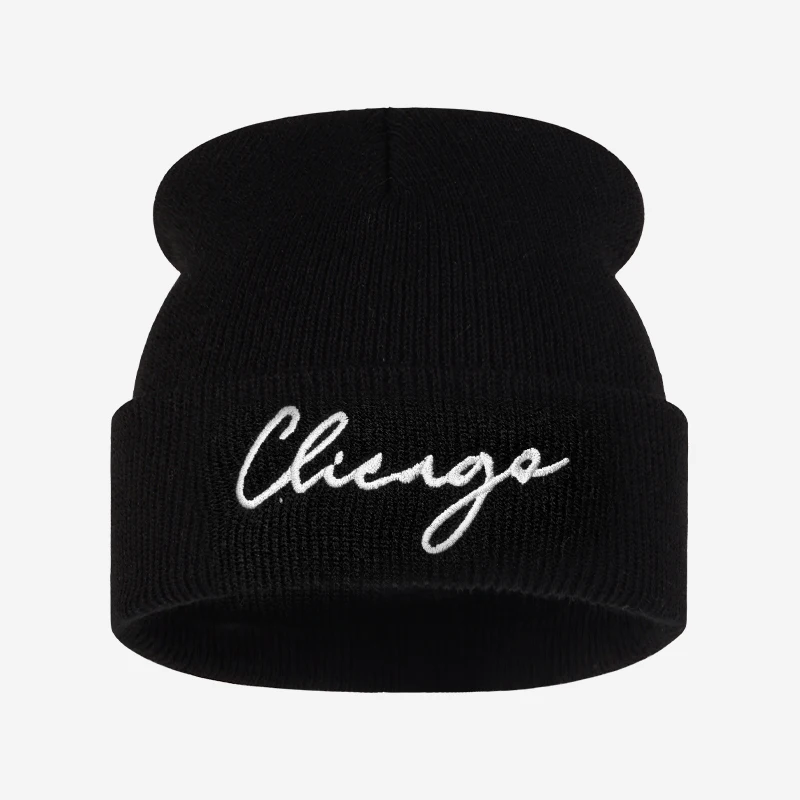 Adult Unisex Knitted Beanie Cap Chicago Letter Embroidery Soft Lightweight Knit Hat for Street Outing Holiday Event Birthday Gif