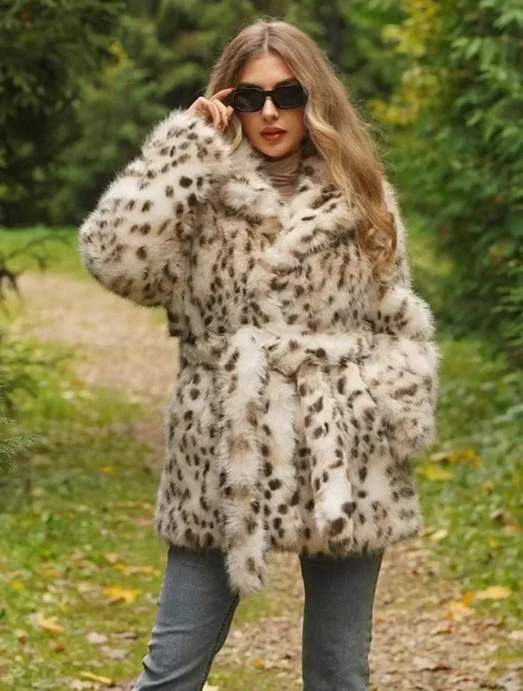 

2025 Winter Women‘s Leopard Faux Fox Fur Coat, Long Belted Fluffy Overcoat, New Elegant Jacket Clothes