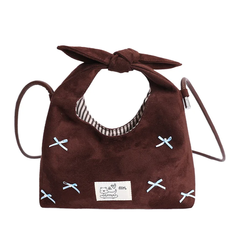 Faux Suede Hasp Retro Bowknot Fashion Versatile Casual Shoulder Bags Commuter Handbags Autumn Winter Sweety Crossbody Bags