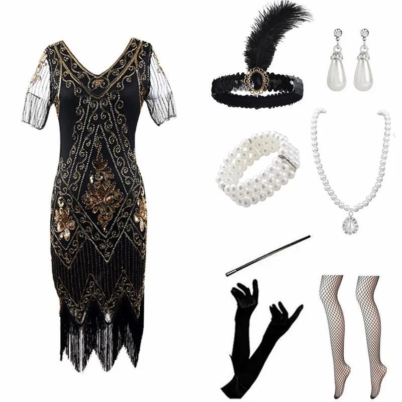ชุดราตรี Loween 920S แบบ Gatsby ประดับเลื่อมและพู่ห้อย สไตล์เรโทร คอวี หรือแบบ Sve Ball Gown สำหรับงานเฉลิมฉลอง