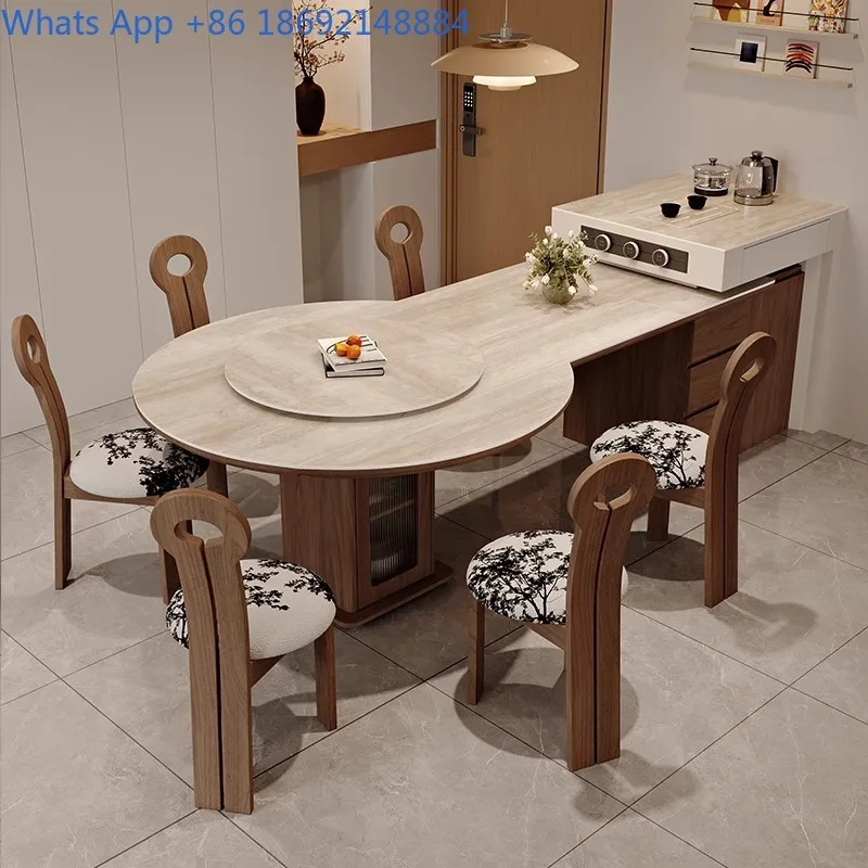 

French Vintage Style Extendable Island Table Convertible Round Table Modern Home Dining Room Storage