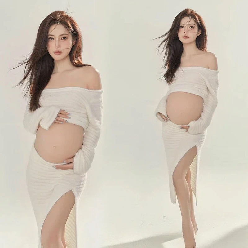 Women Photography Props Maternity Dresses White Elegant Knitted Pregnancy Dress for Studio Shoot Photo Shoot Photo Clothing
