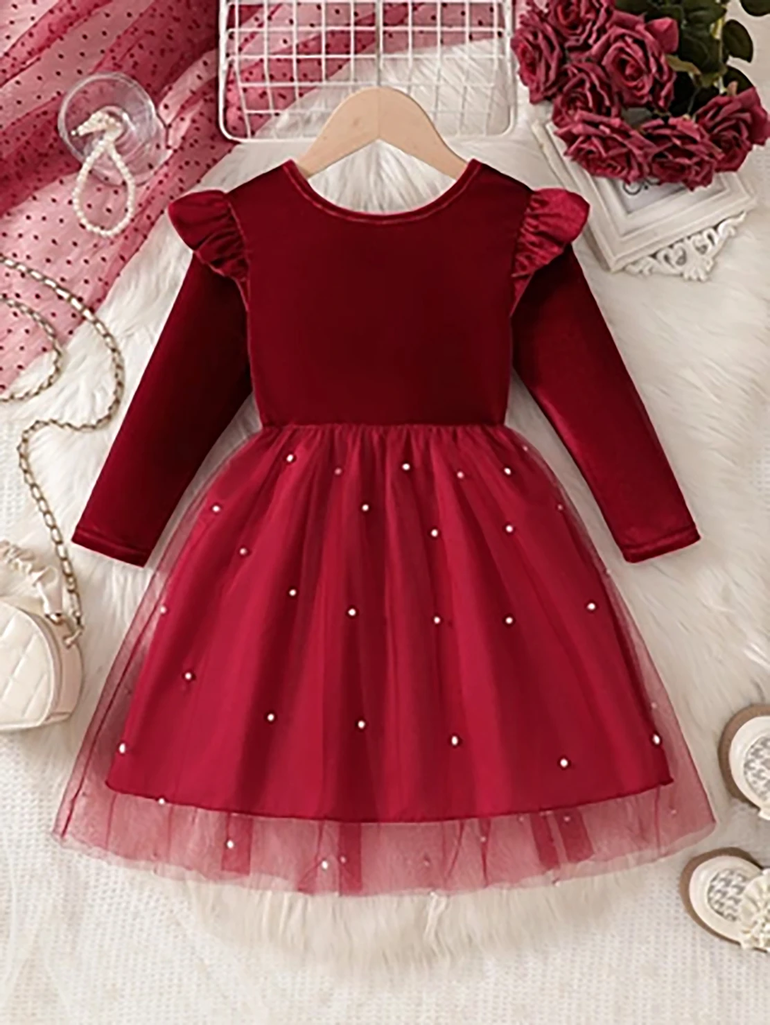 Girls' Burgundy Velvet Princess Dress, Long Sleeve Bow Tulle Skirt for Autumn & Winter
