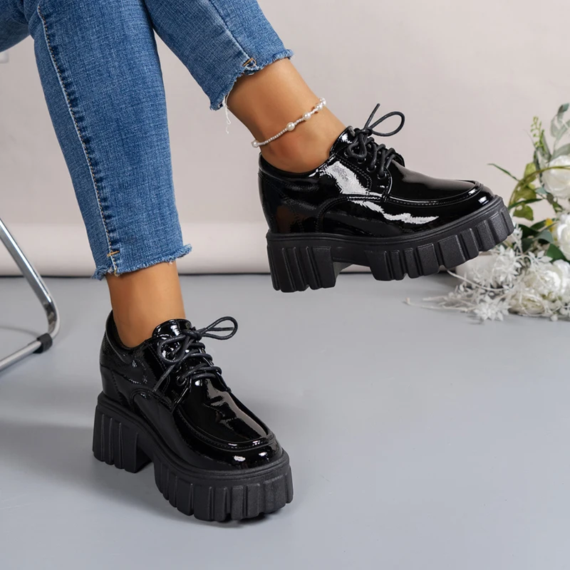 

Lucyever Patent Leather Chunky Loafers Shoes for Women 2025 Spring Lace Up Platform Pumps Woman Cozy Thick Bottom Student Shoes