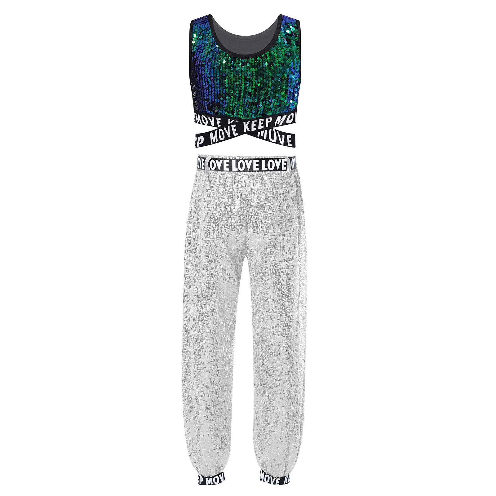 Kinder Mädchen Hip Hop Dance Outfit Funkelnde Pailletten Jazz Hiphop Kleidung Sets Crop Top mit Hosen Tanzen Set für Mädchen Dancewear