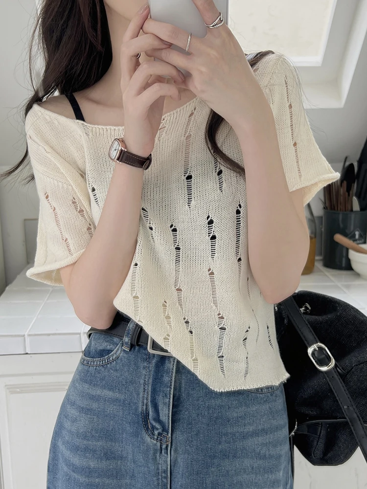 

Spicy Girl Short Sleeve Hollow Out Knitted Sweater Women's 2024 New Summer T-shirt O-Neck Knitwear Crop Top