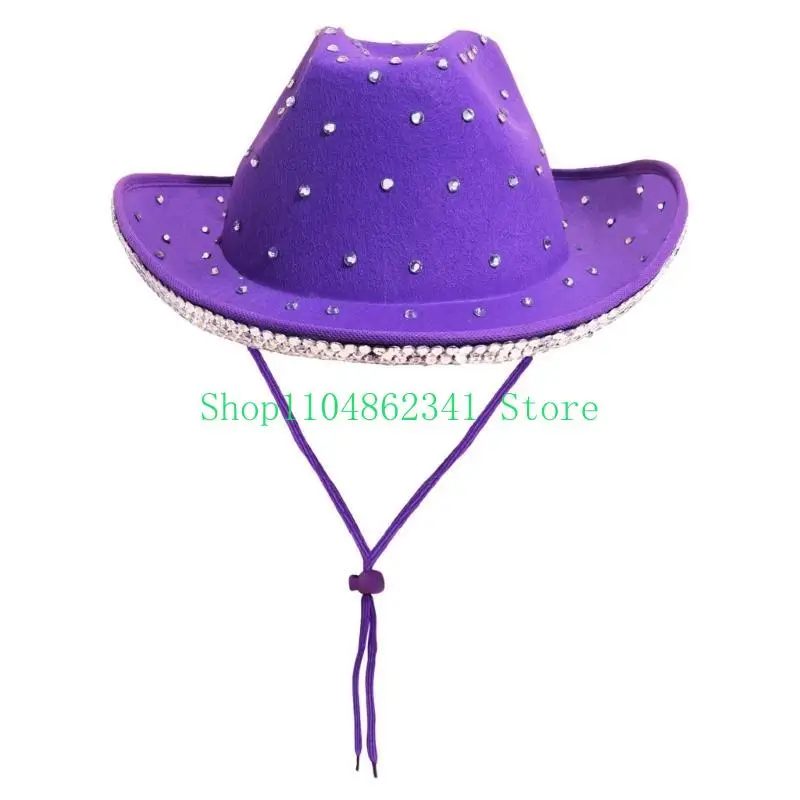 

652F Vacation Cowboy Hat Panama Hat Rhinestones Brim for Male Female Comedian