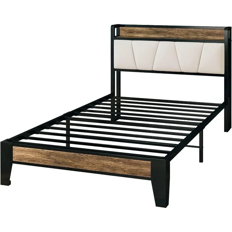 Queen Bed Frame Storage Headboard with Charging Station Solid and Stable Noise Free No Box Spring Needed Easy Assembly