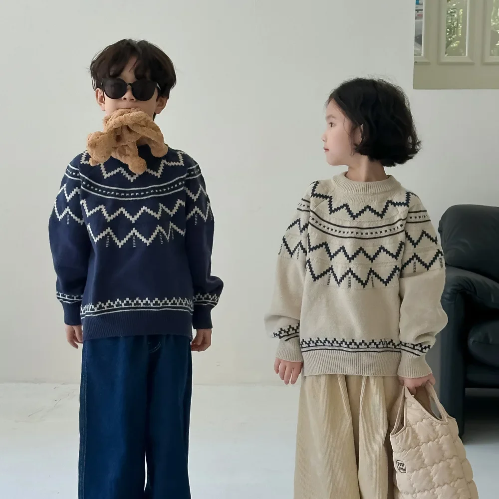 Sweater Autumn Boy Girl Korean Wave Knitting Tops Children Clothing Round Neck Causal Simple Easy Woolen Yarn 2024