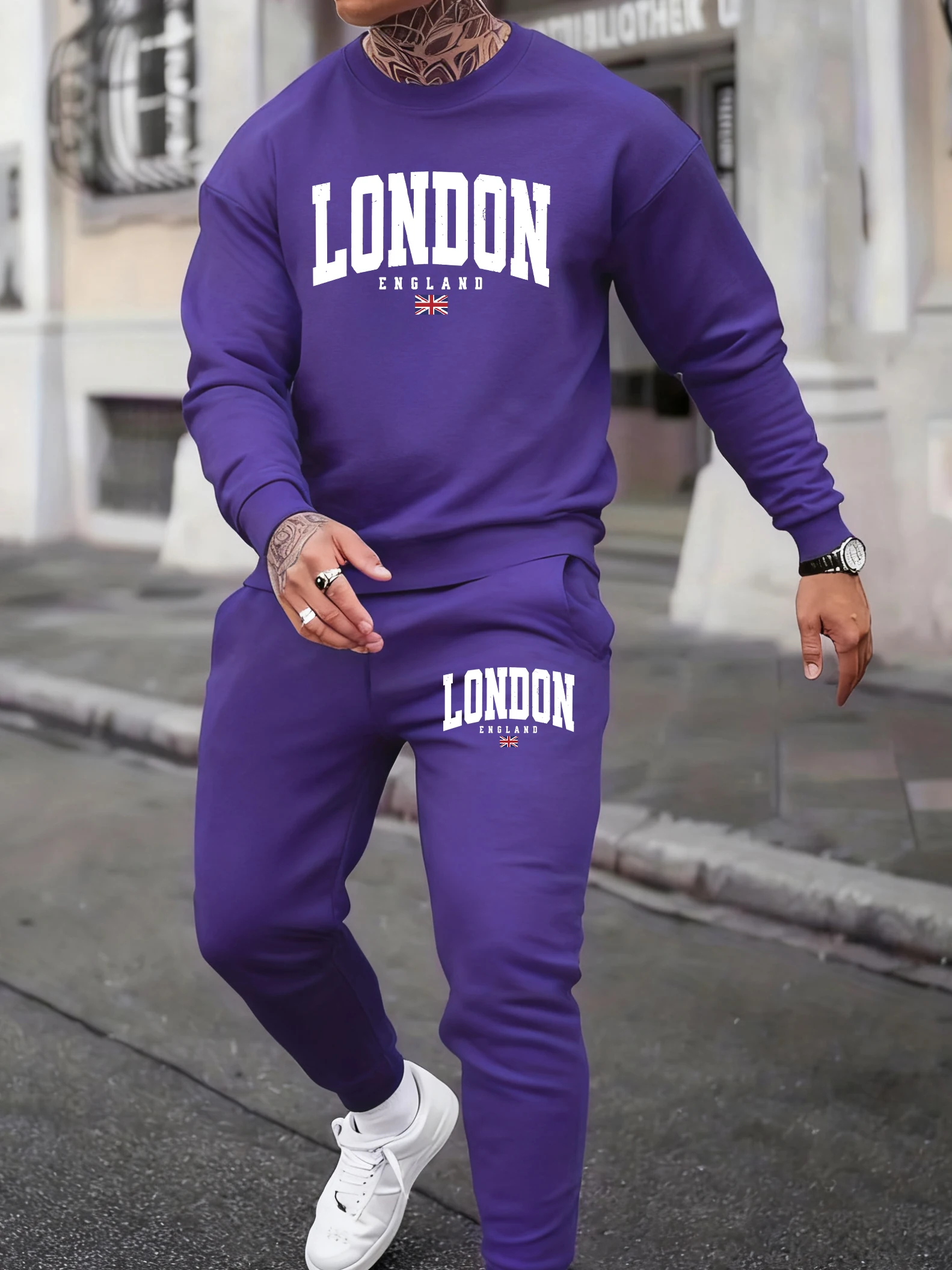Ensemble de survêtement pour hommes avec imprimé drapeau de Londres et d'Angleterre, comprenant un pull en polaire à col rond et un pantalon de survêtement ample pour le sport et les loisirs, idéal pour l'automne.