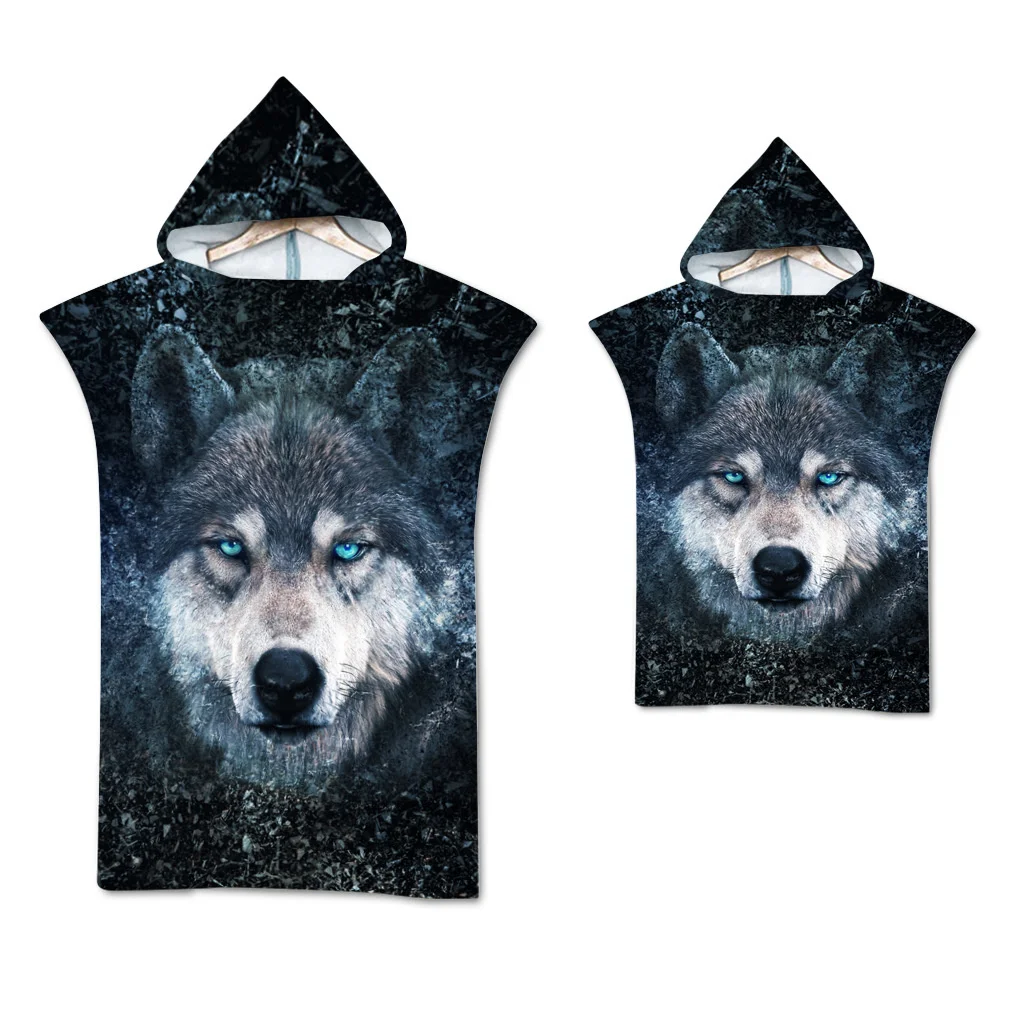 Wolf Large Beach Towel Bath Towel Quick Dry Towels Hooded Cloak Wetsuit Adult Child Parent-Child Poncho Bathrobe for Swim Surf