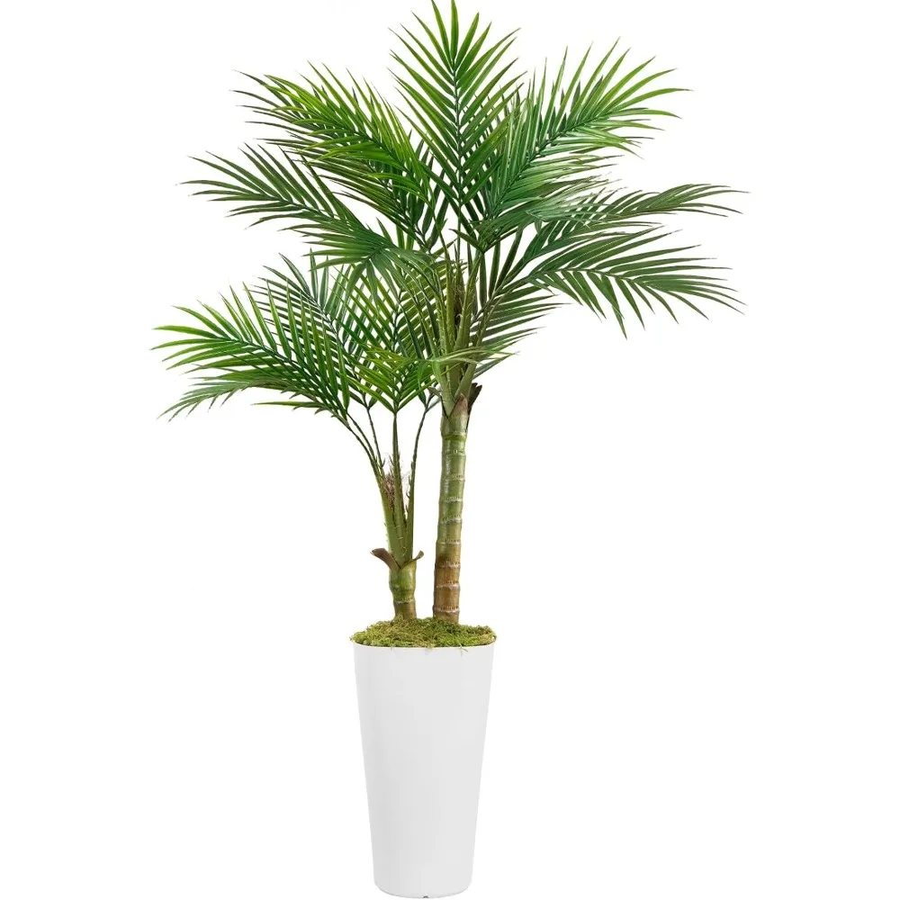 Fake Palm Tree Artificial Plants with Planter, Faux Tropical Golden Cane and Realistic Palm Leaves, Indoor Living Room Office